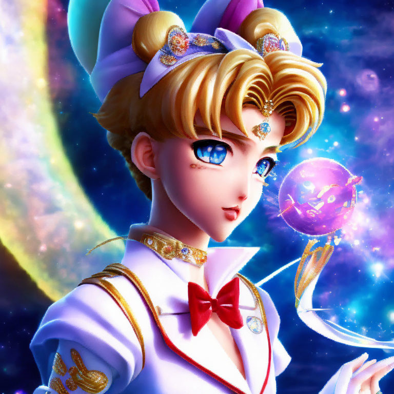 Blonde-Haired Character in Sailor Outfit Against Cosmic Background