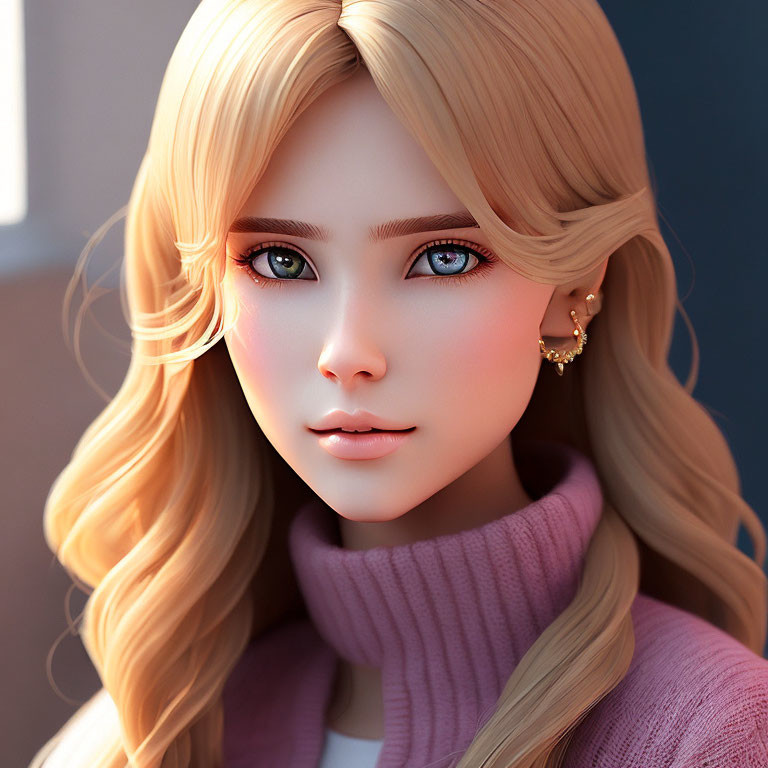 Blonde woman with blue eyes in pink turtleneck sweater - 3D rendering