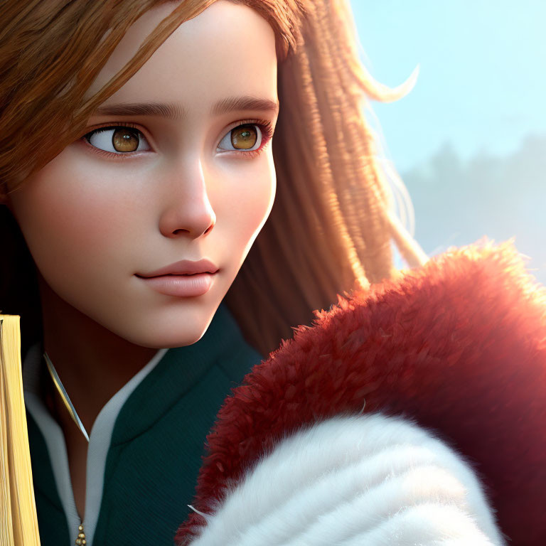 Detailed 3D animated young female character with amber eyes and green jacket