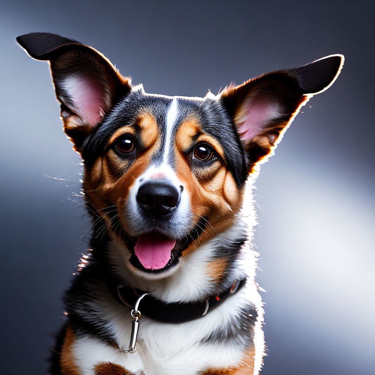 Tricolor Dog with Perky Ears and Shiny Coat in Dark Background
