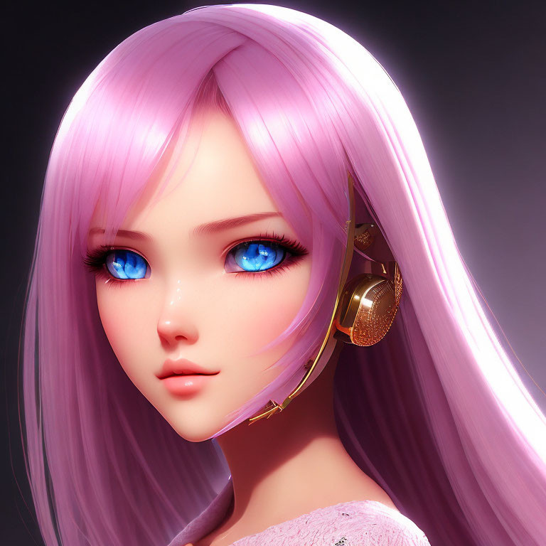Realistic 3D Female Character with Blue Eyes, Pink Hair, and Gold Headphones