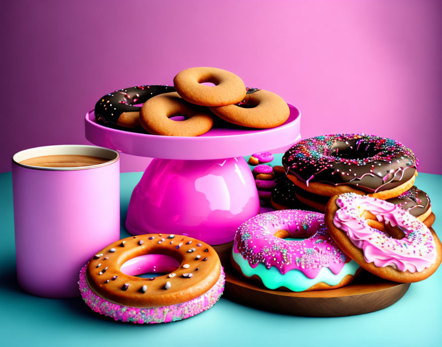 Vibrant coffee cup and assorted doughnuts on colorful backdrop