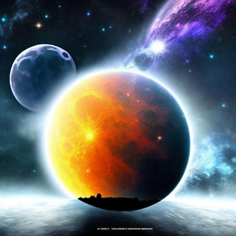 Sci-fi scene with large celestial bodies in starry space.