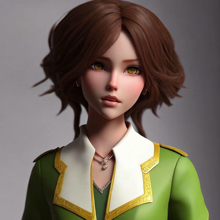 Female character with amber eyes, short brown hair, green jacket, pendant necklace
