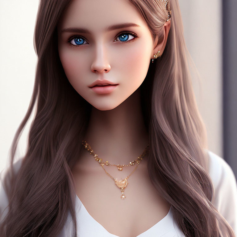 Digital Artwork: Woman with Blue Eyes, Long Brown Hair, Gold Jewelry, White Top