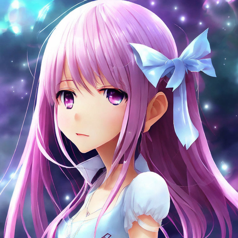 Purple-haired anime girl with blue bow in celestial setting