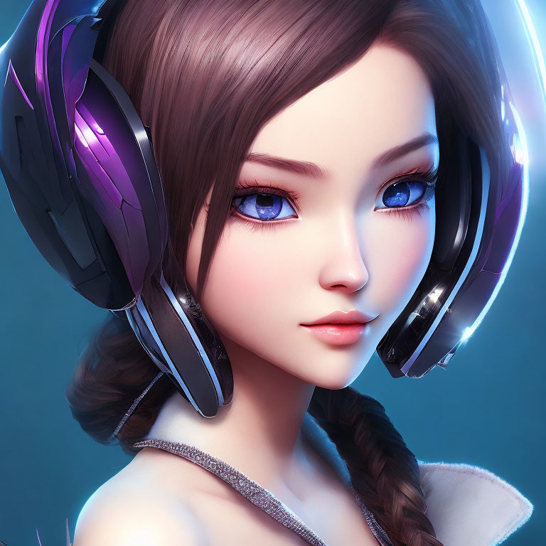 Female character digital artwork: futuristic headphones, blue eyes, braided hair, smooth complexion