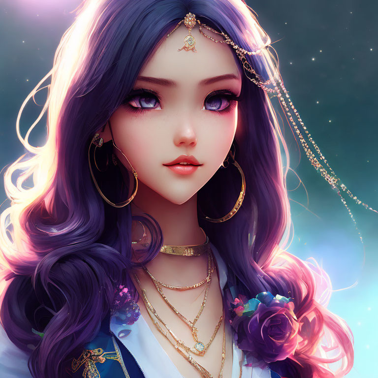 Digital artwork featuring woman with purple hair, gold accessories, and floral headpiece