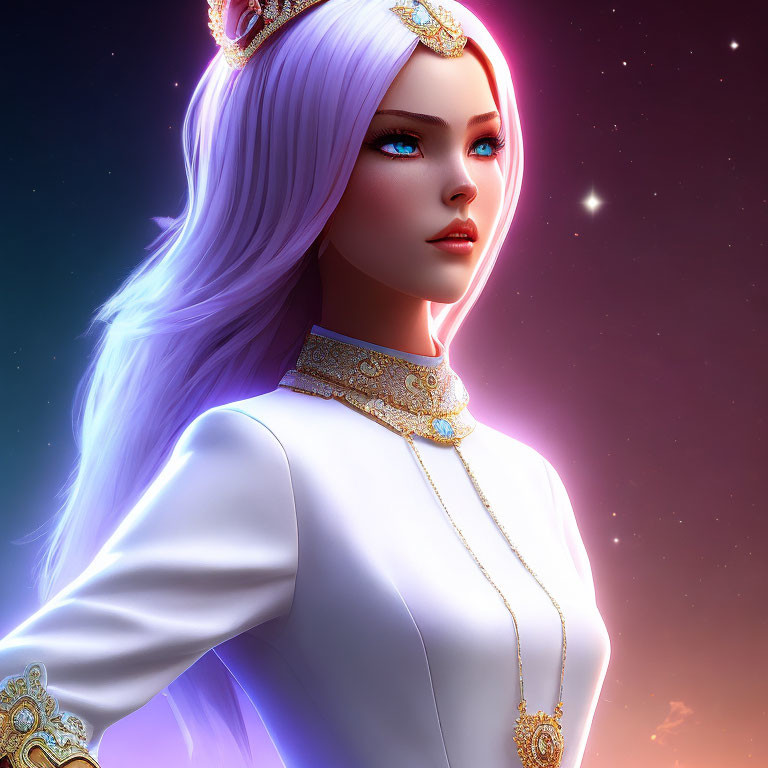 Purple-haired female character in regal attire on cosmic backdrop