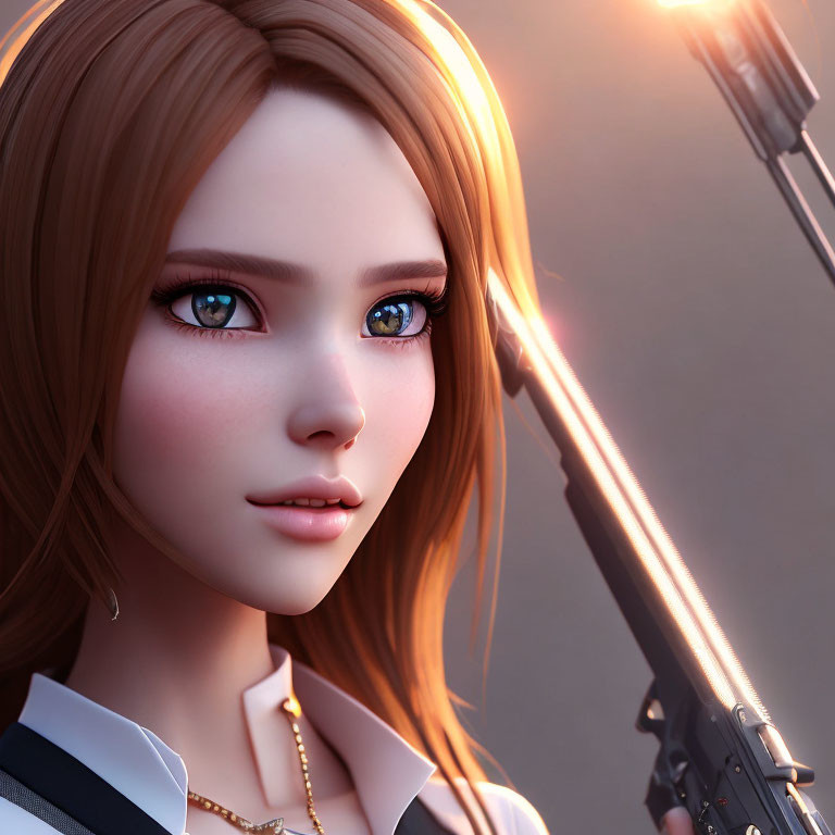 Animated female character with light brown hair and blue eyes holding a gun in dramatic lighting