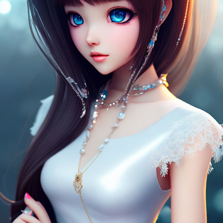 Female character with large blue eyes in white lacy attire and intricate jewelry.