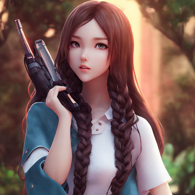 Digital artwork of girl with braided hair, large eyes, holding futuristic gun against soft-focus background.