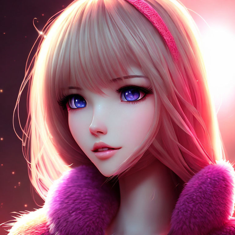 Illustrated character with large purple eyes, blonde hair, pink headband, and pink fur collar.