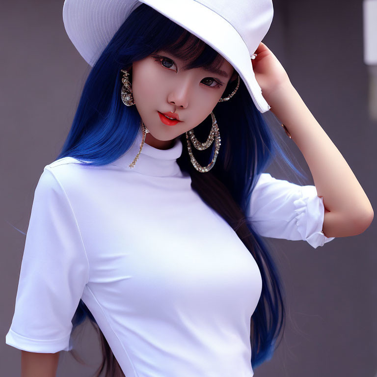 Blue-haired person in white hat and top with hoop earrings in stylish pose