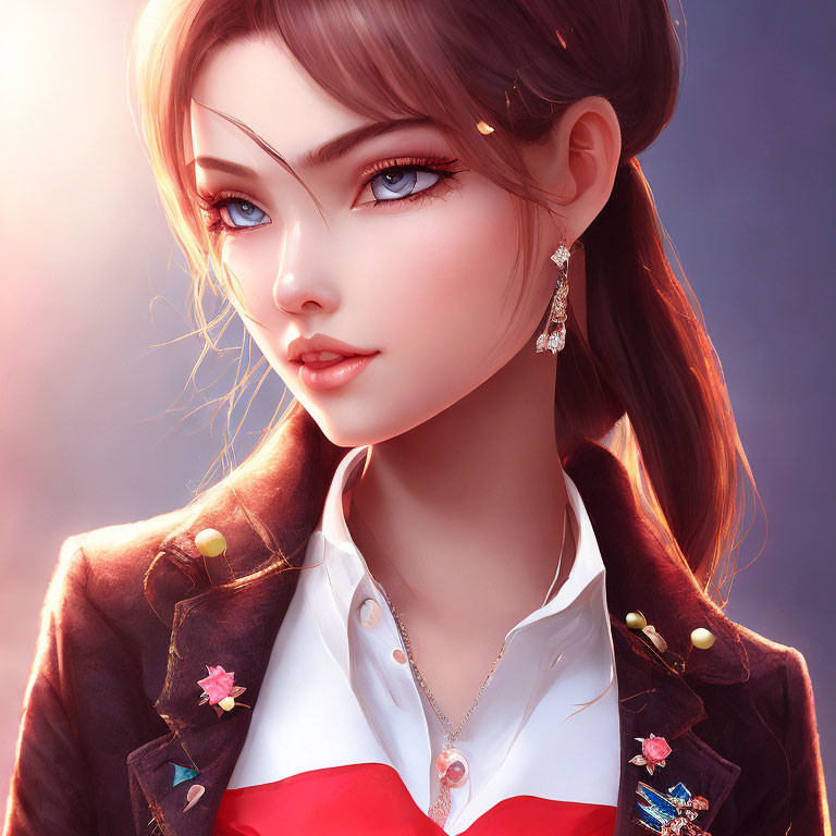 Young woman illustration: brown hair, sparkling brown eyes, white blouse, red corset, black bl