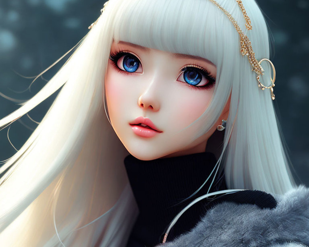 Digital portrait of girl with long white hair and blue eyes in black turtleneck and gold headpiece