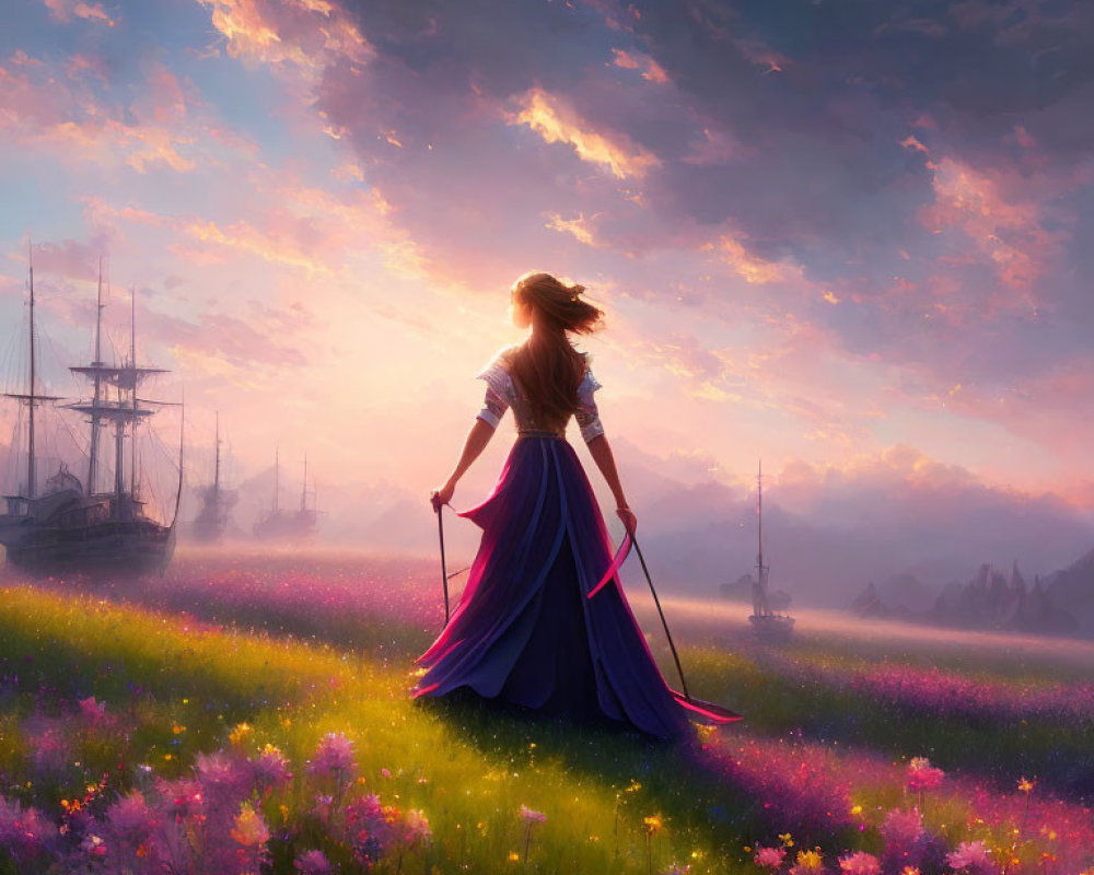 Woman in flowing dress amidst vibrant flowers at sunset with anchored ships and colorful sky