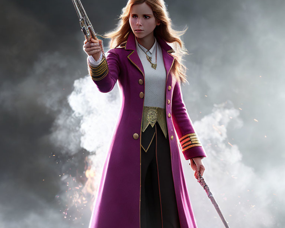 Regal Woman in Purple Coat with Sword Against Cloudy Sky