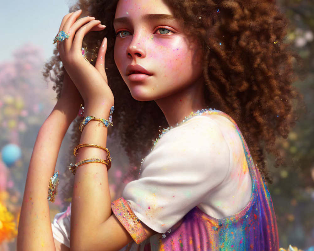 Curly-haired girl with colorful freckles among flowers and sparkly jewelry