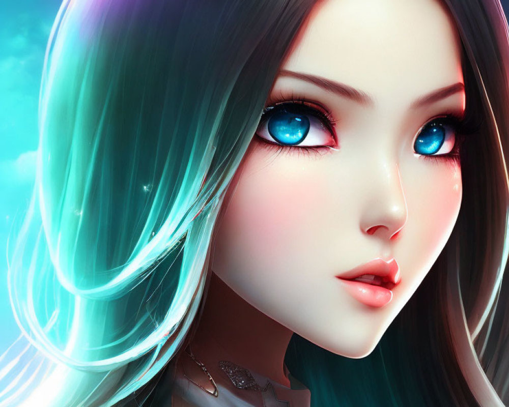 Digital Illustration: Female Character with Blue Eyes, Ombré Hair, Porcelain Skin
