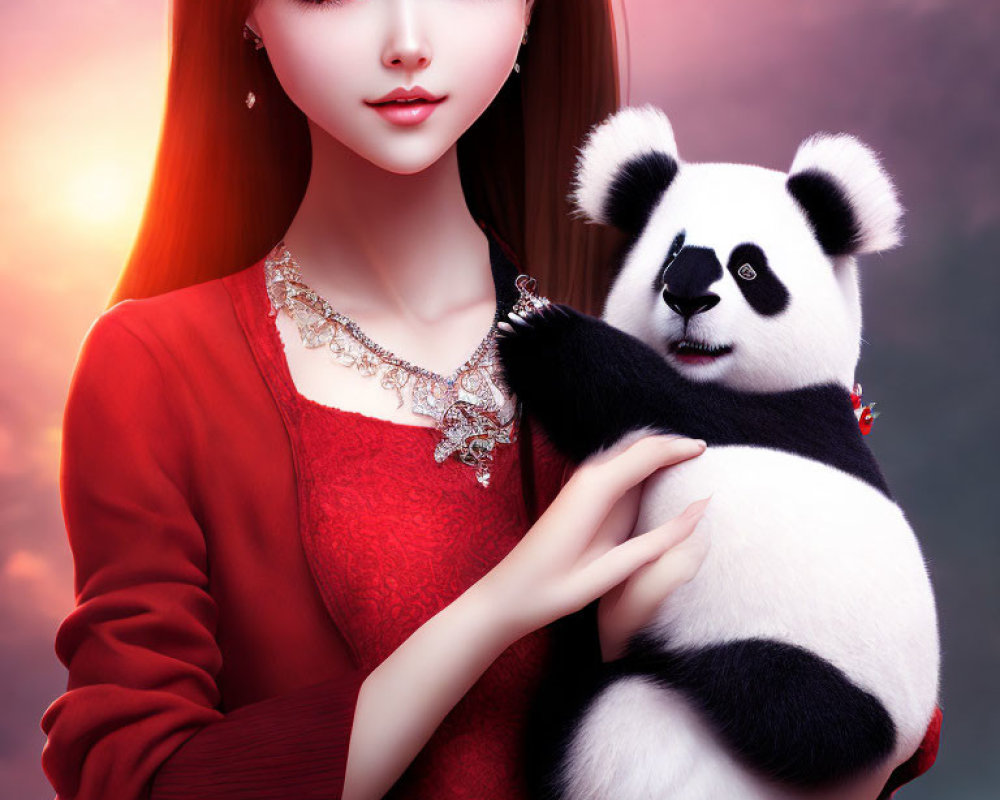 Digital artwork of woman with long red hair holding panda on pink and purple backdrop