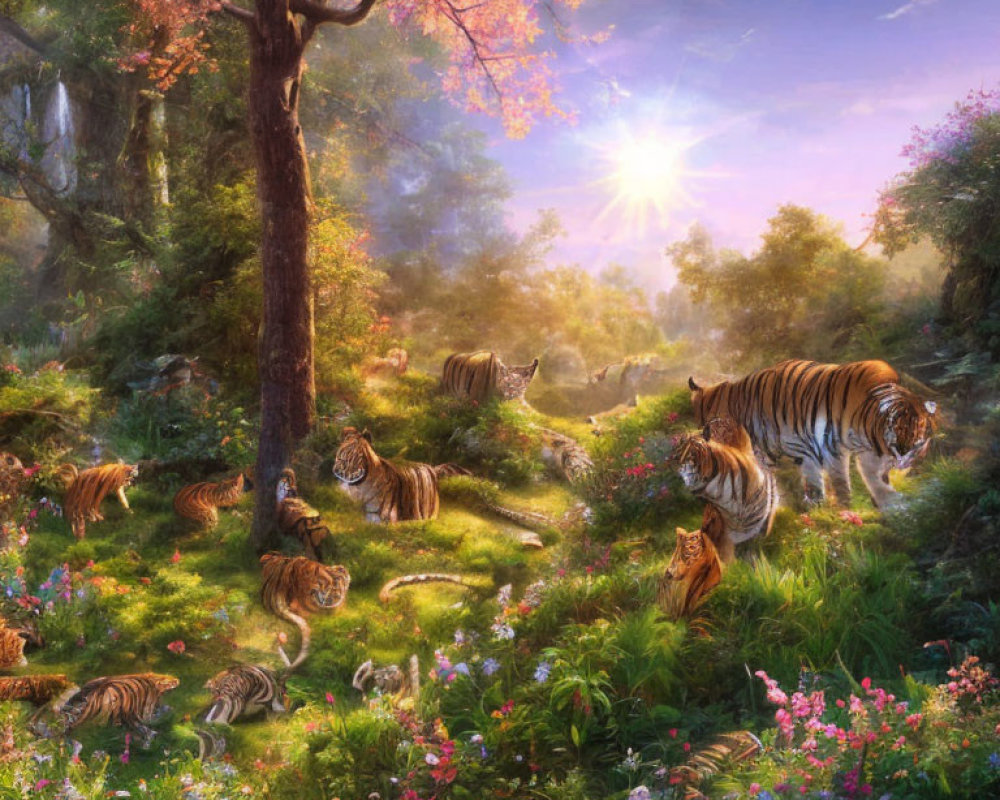 Sunlit forest glade with tigers and vibrant flowers in soft sunlight