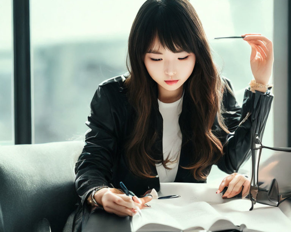 Focused woman writing in notebook at table with long hair and pen, window background
