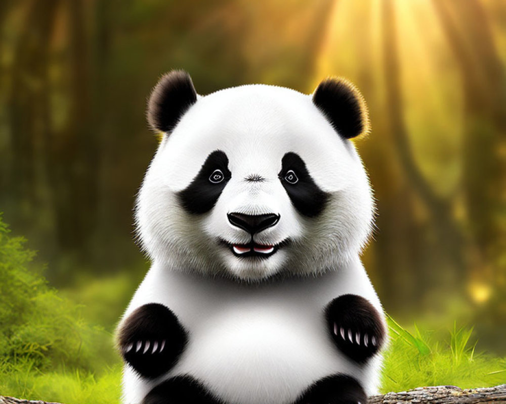 Smiling panda on log with sunlit forest background