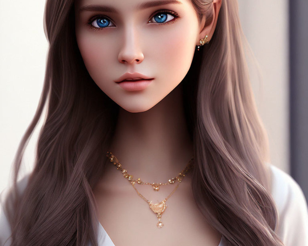 Digital Artwork: Woman with Blue Eyes, Long Brown Hair, Gold Jewelry, White Top
