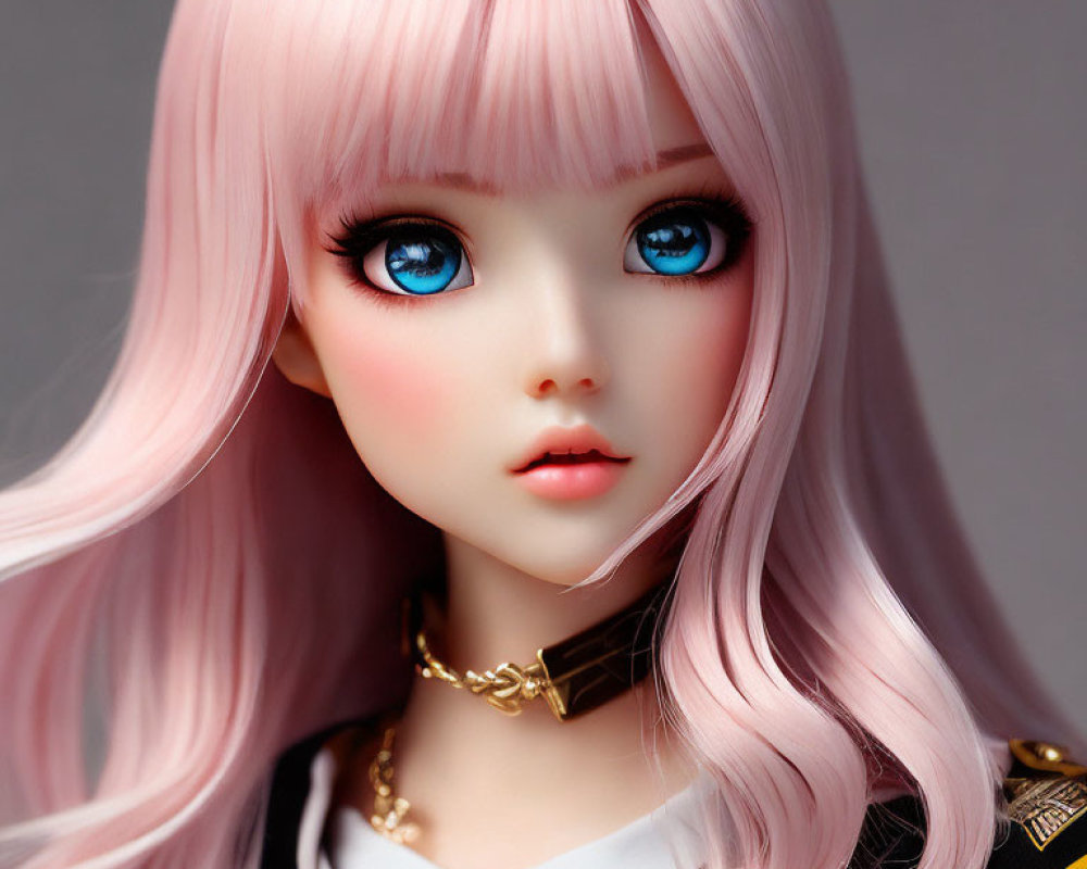 Doll with Pink Hair and Blue Eyes in Black Outfit