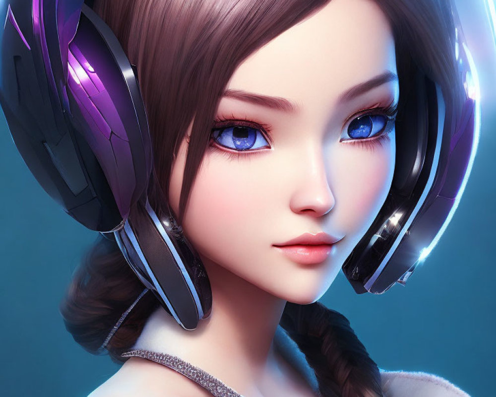 Female character digital artwork: futuristic headphones, blue eyes, braided hair, smooth complexion