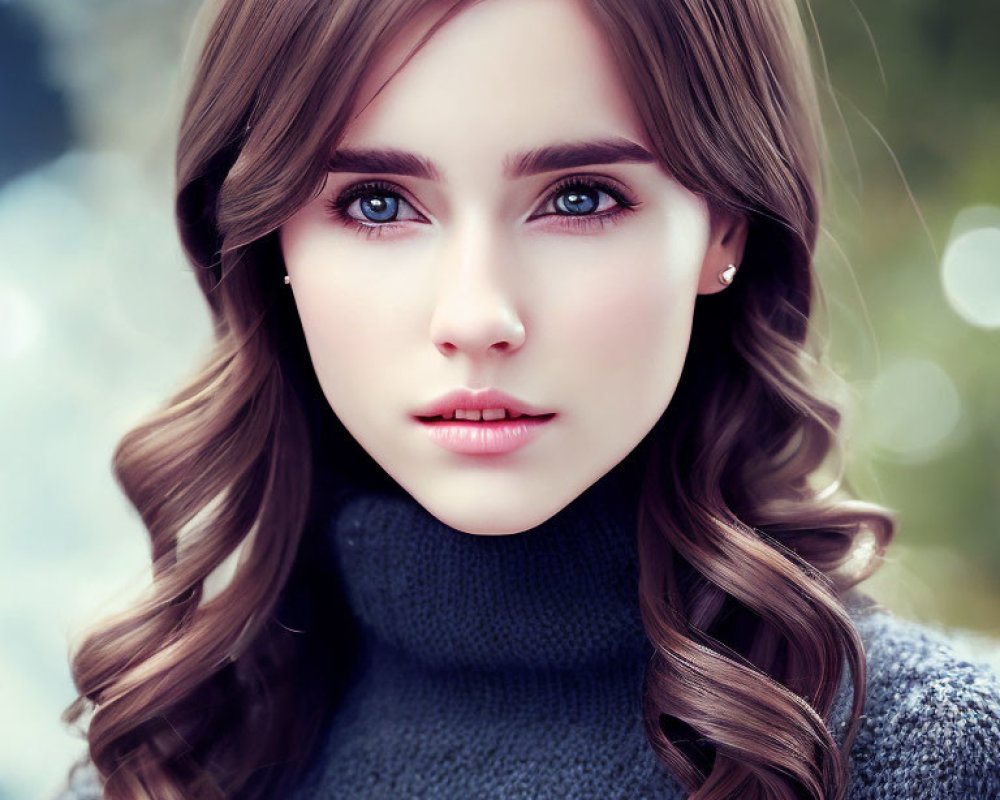 Woman with Long Curled Brown Hair in Grey Turtleneck Sweater and Blue Eyes