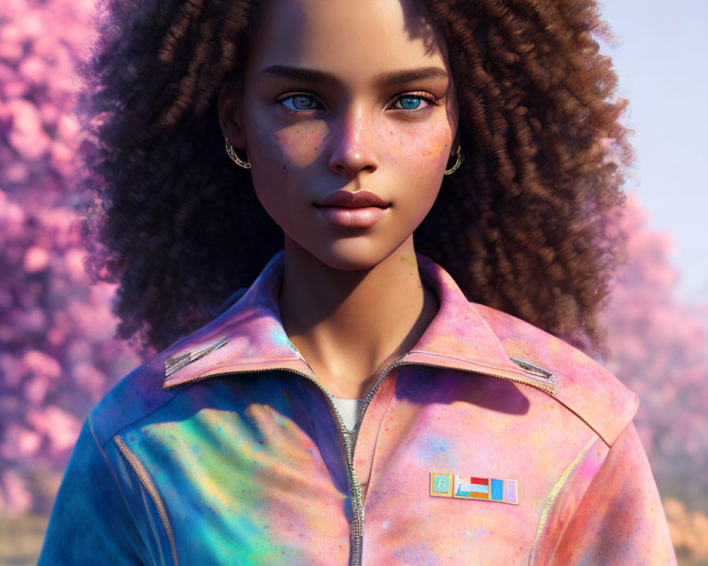 Young woman portrait: curly hair, blue eyes, freckles, colorful jacket, pink blossoms