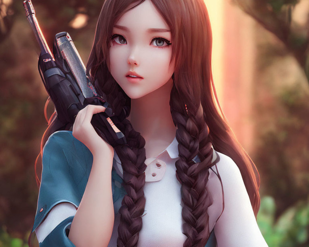 Digital artwork of girl with braided hair, large eyes, holding futuristic gun against soft-focus background.