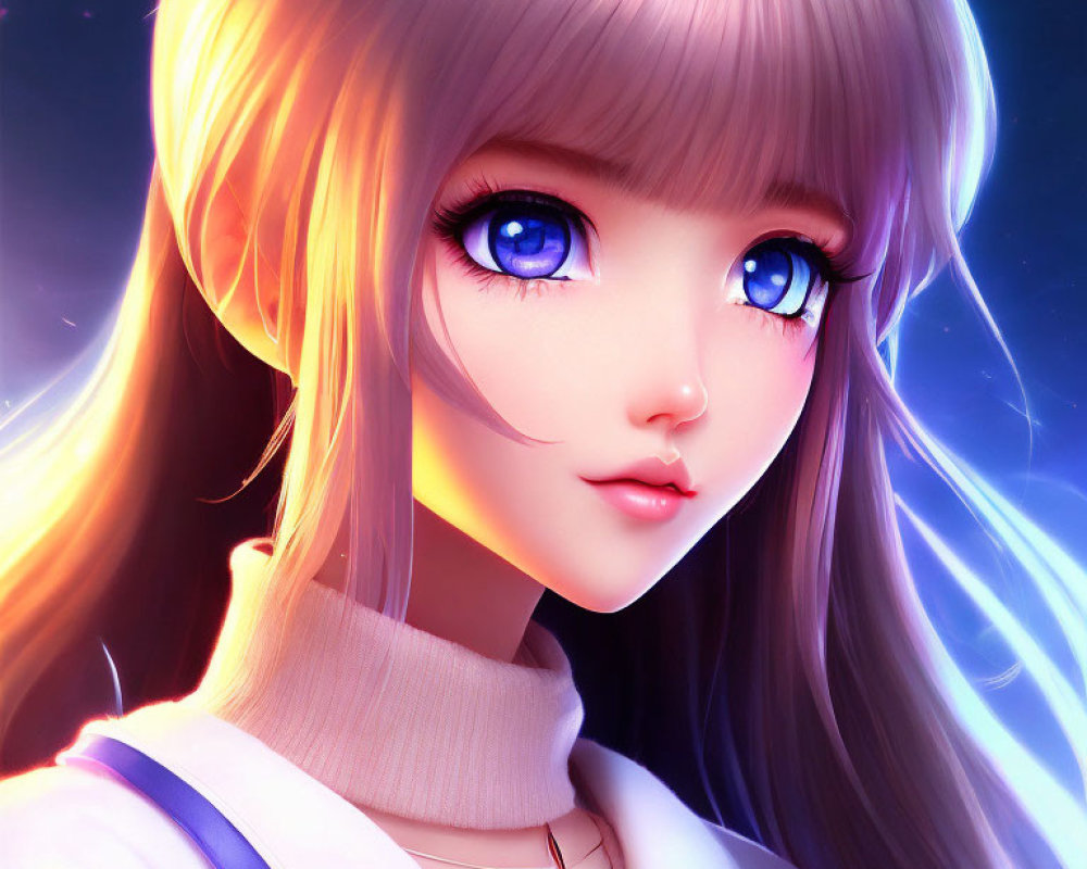 Illustration of young woman with blue eyes, blonde hair, white turtleneck, purple top,