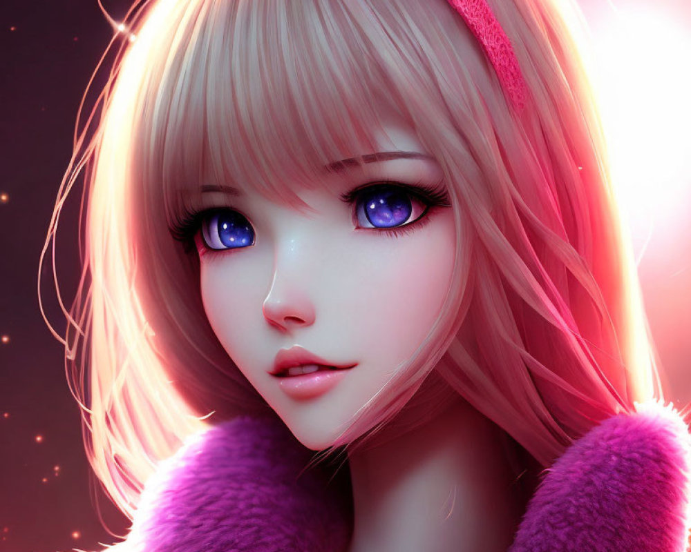 Illustrated character with large purple eyes, blonde hair, pink headband, and pink fur collar.