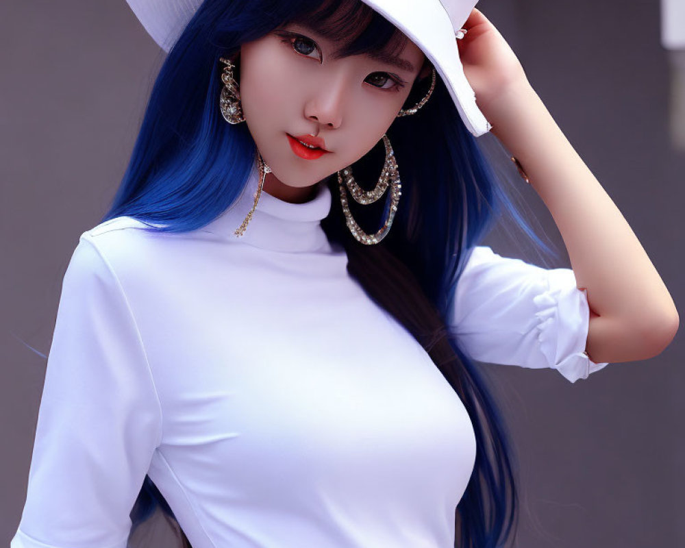 Blue-haired person in white hat and top with hoop earrings in stylish pose