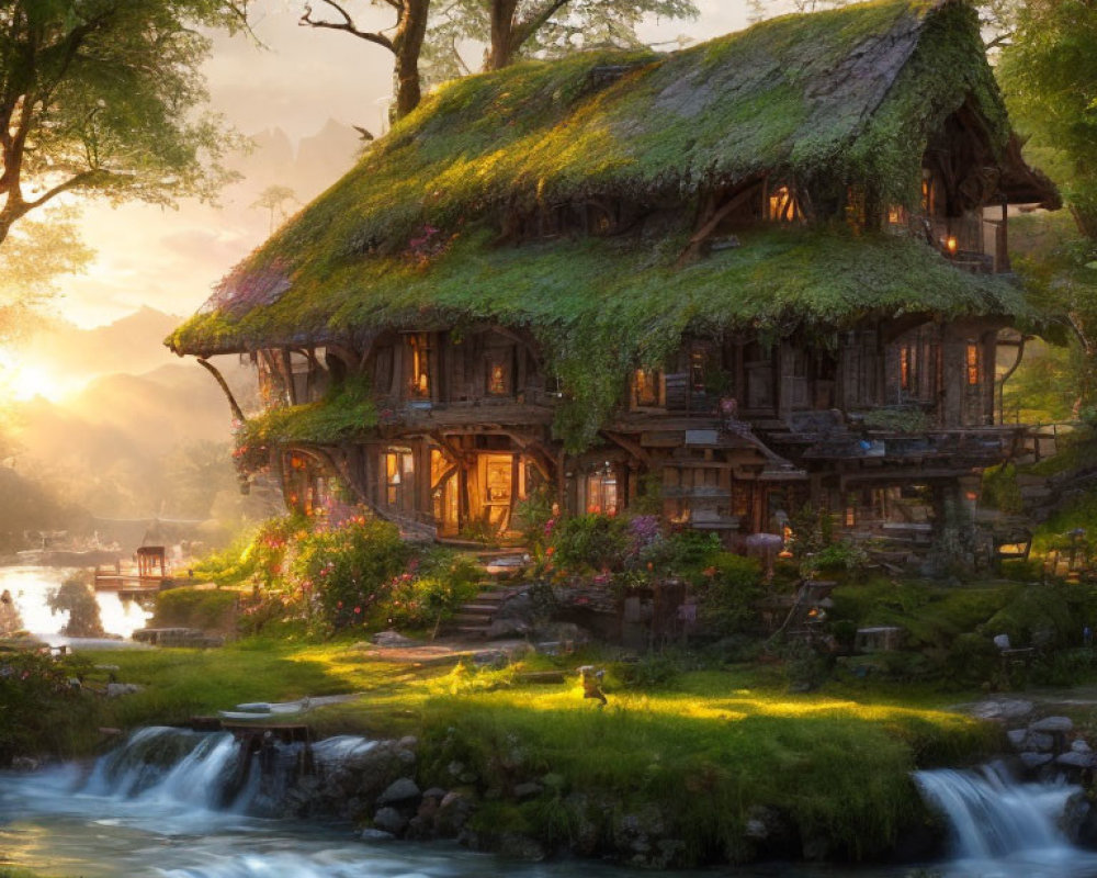 Thatched Roof Cottage by Stream with Greenery