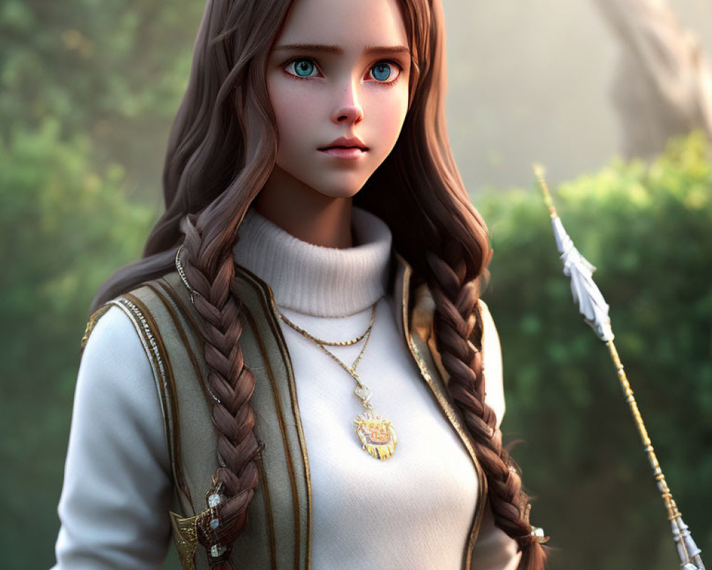 Detailed 3D illustration of woman with blue eyes, braided hair, medieval attire, holding feather