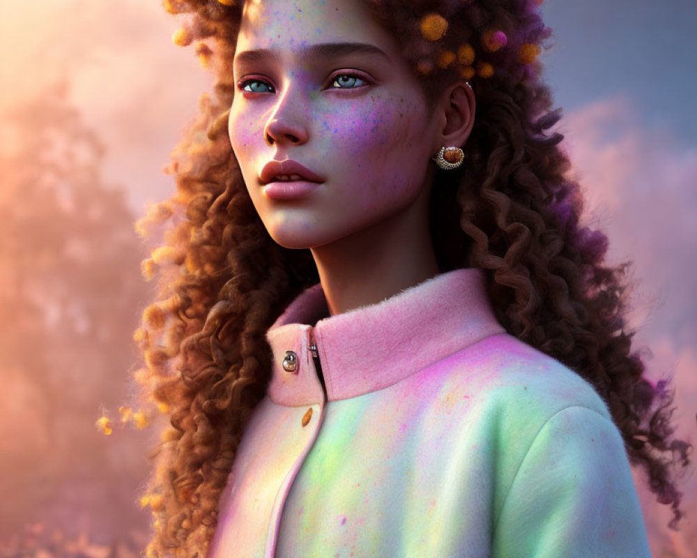 Young woman's digital portrait with curly hair, freckles, flowers, pastel jacket, and
