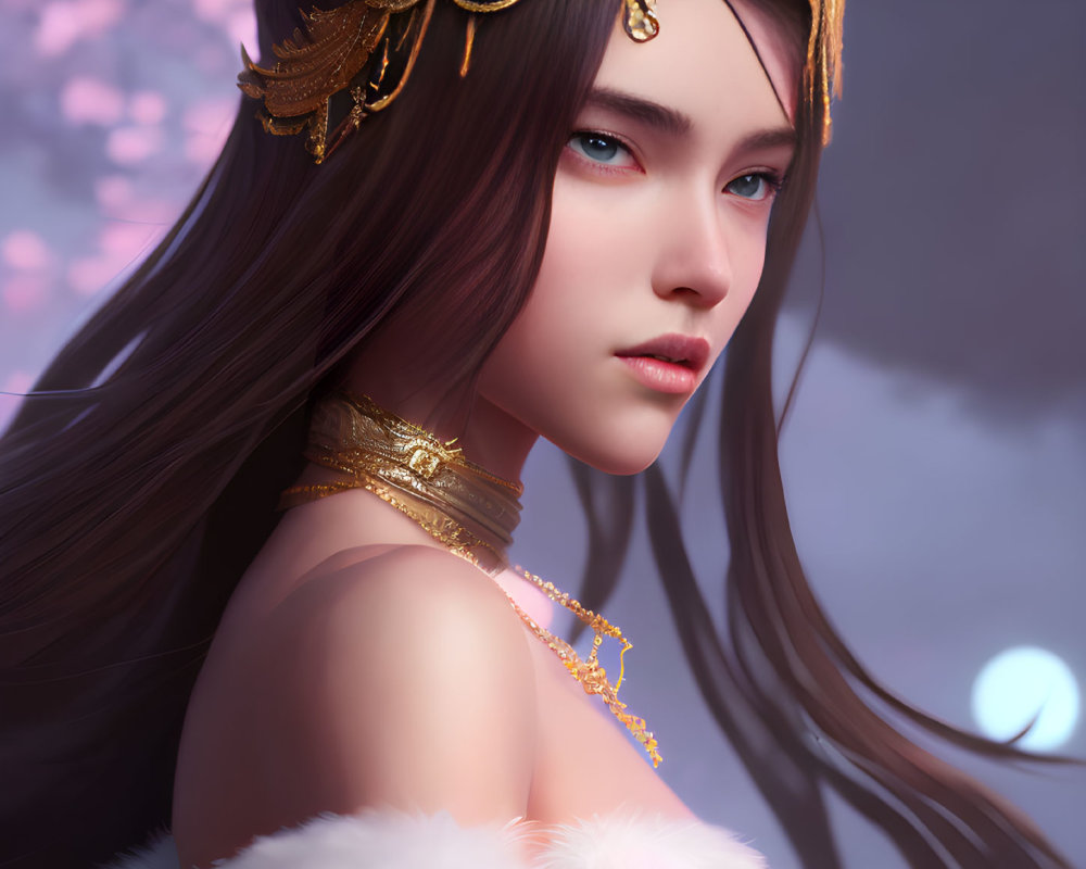 Digital artwork of woman with long brown hair, blue eyes, wearing gold accessories, set against pink blossom