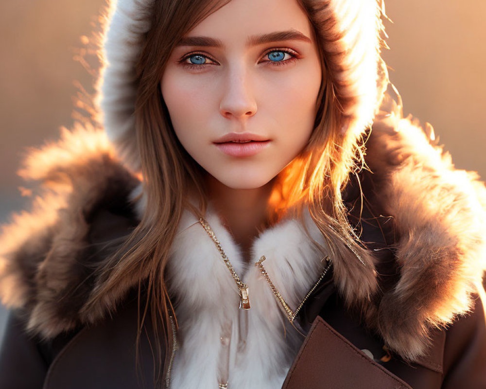 Woman in fur-trimmed hooded coat with striking blue eyes