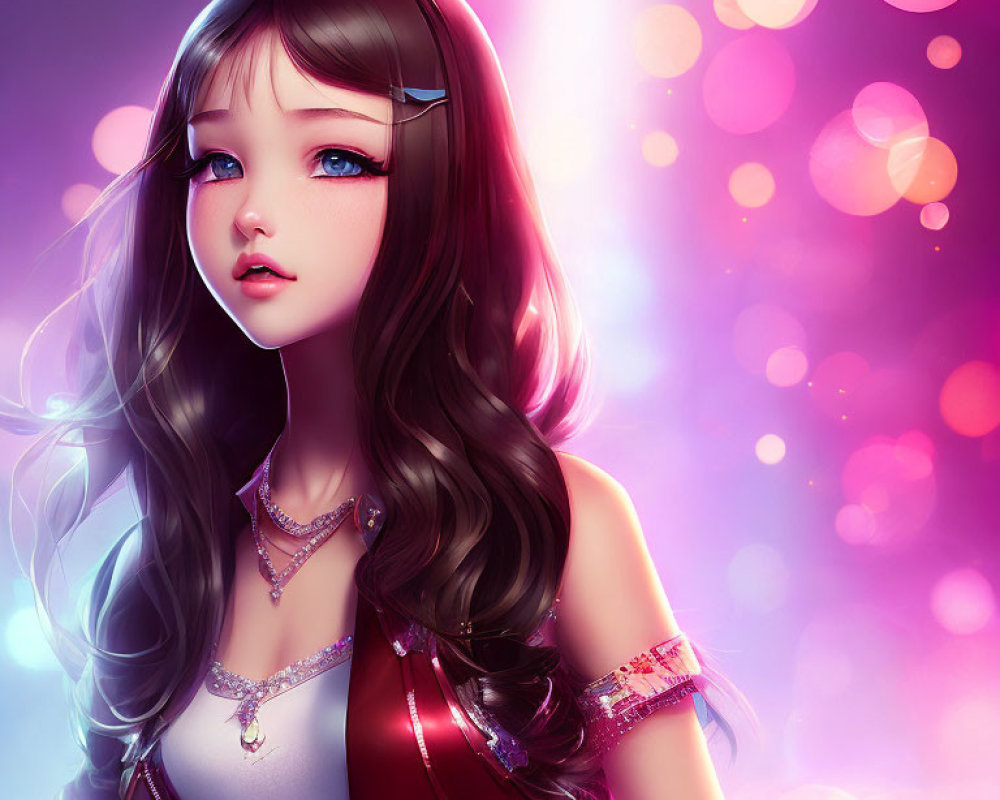 Illustrated female character in red outfit with large eyes and long hair on pink bokeh background
