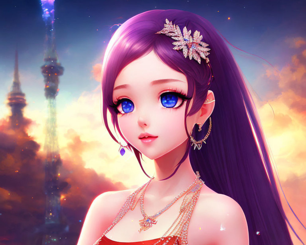 Purple-haired female character in red dress with diadem, blue eyes, in front of glowing tower.