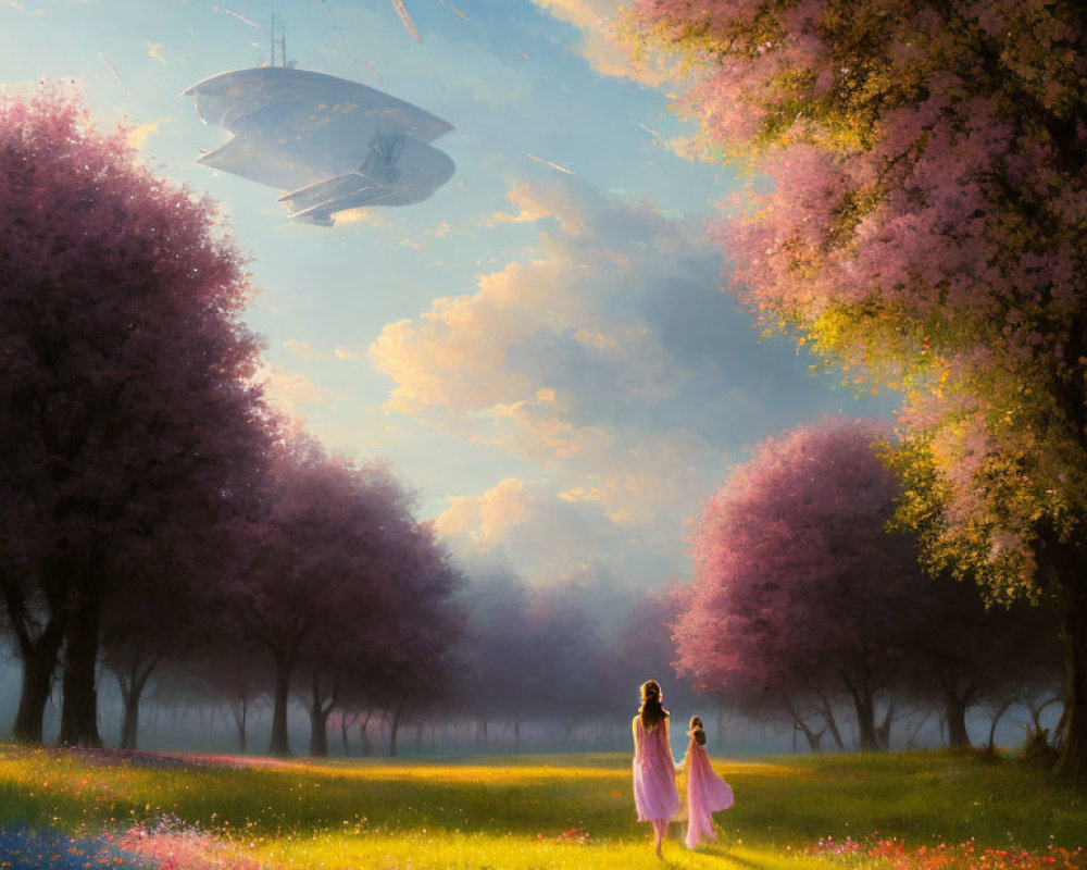 Individuals in blossoming field with futuristic airship and pink trees under serene sky