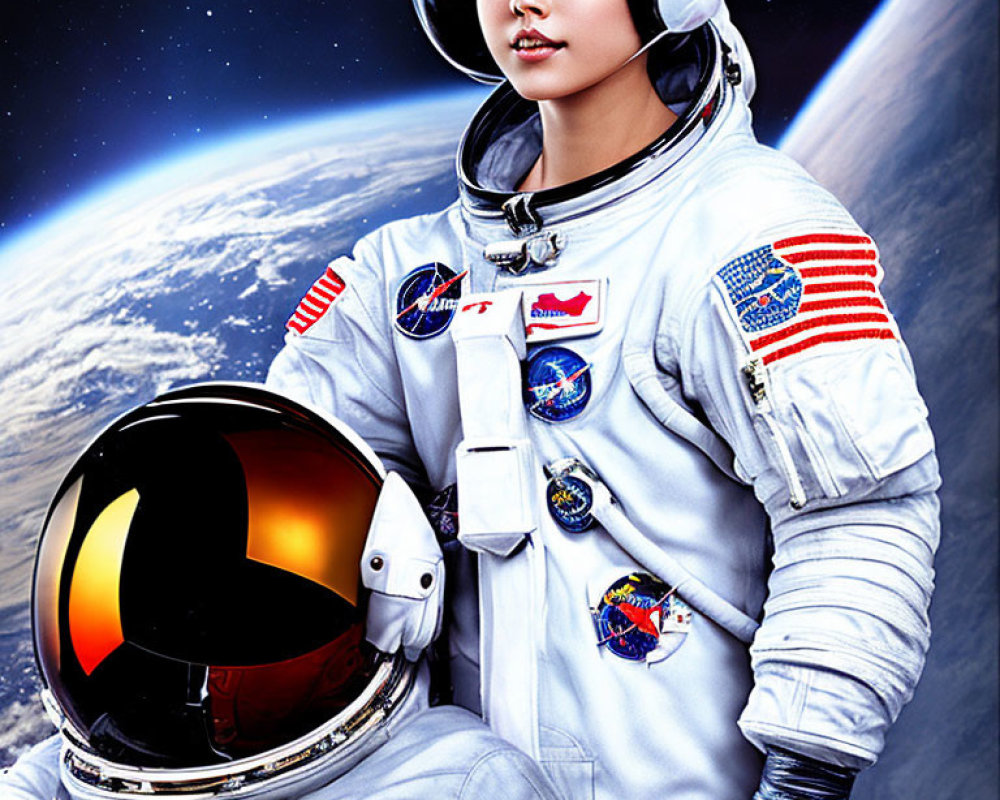 Female astronaut in reflective helmet visor in space suit with Earth backdrop