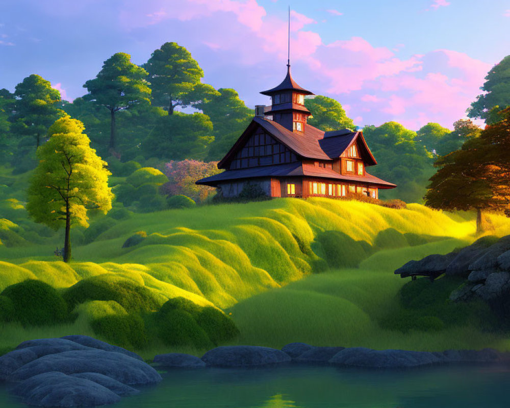 Traditional house with spire roof on green hills near tranquil lake and sunlight-drenched forest.