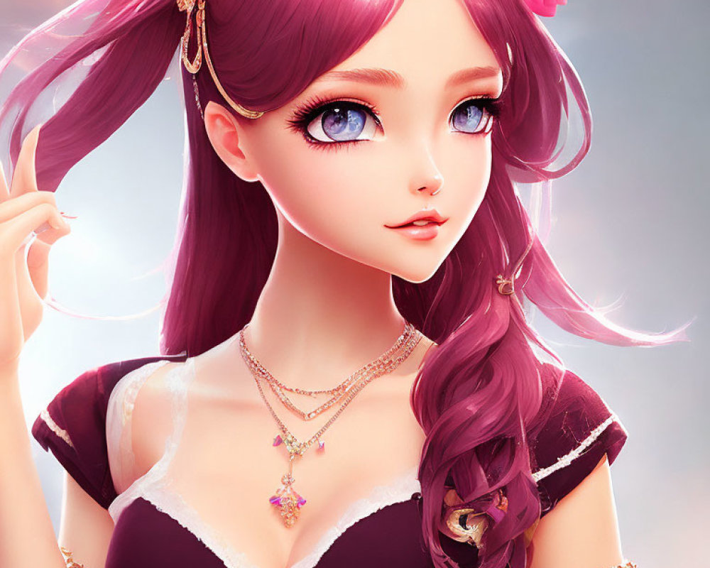 Digital Art: Female Character with Anime-Style Eyes and Pink Hair