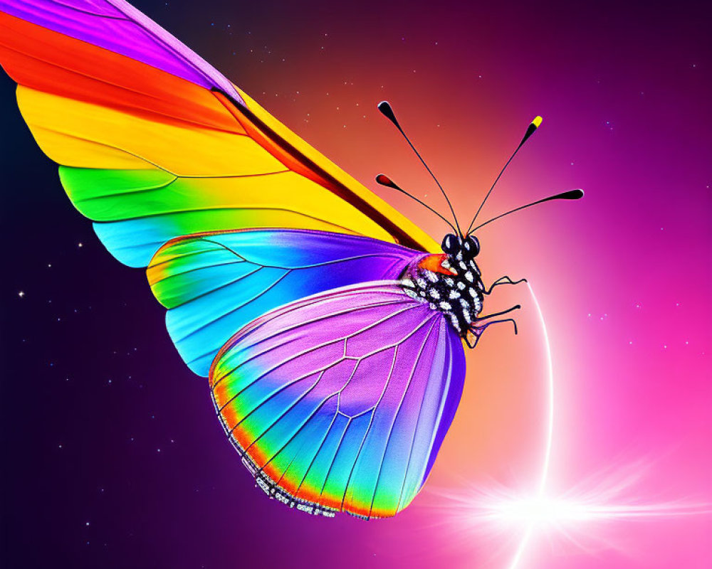 Colorful Butterfly Flying in Cosmic Space with Stars and Planets
