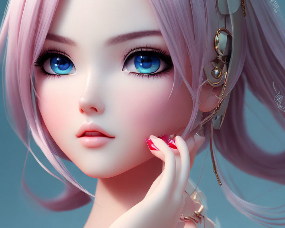 CG illustration: Female with pink hair, large blue eyes, ornate earrings, delicate touch.